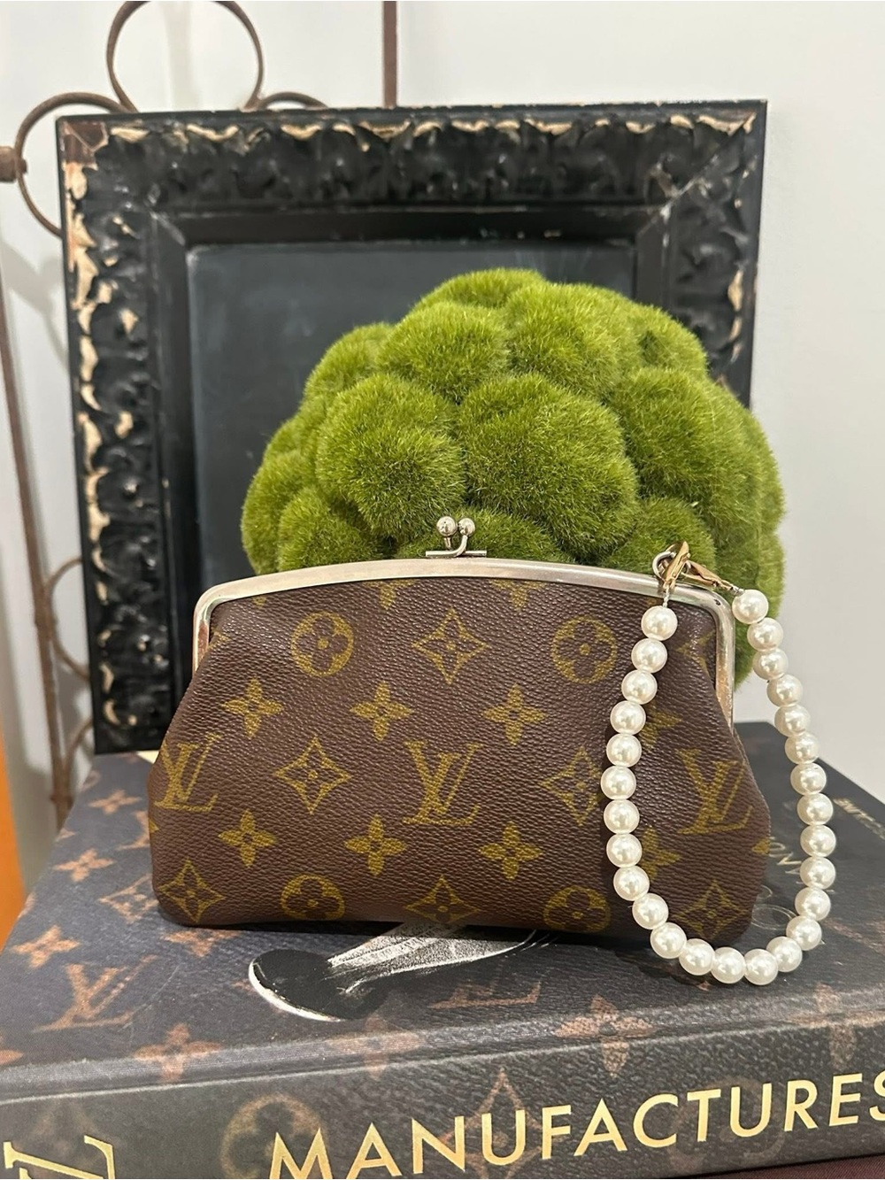 Louis Vuitton Brown Monogram Canvas Kiss-Lock Wristlet with Pearl Strap